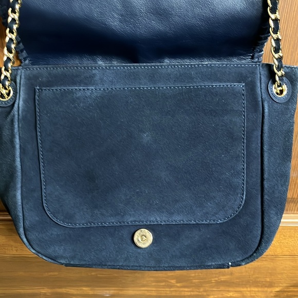 💙TORY BURCH💙 Marion Blue Suede Messenger Bag , Leather & Gold Chain Strap - Picture 7 of 10